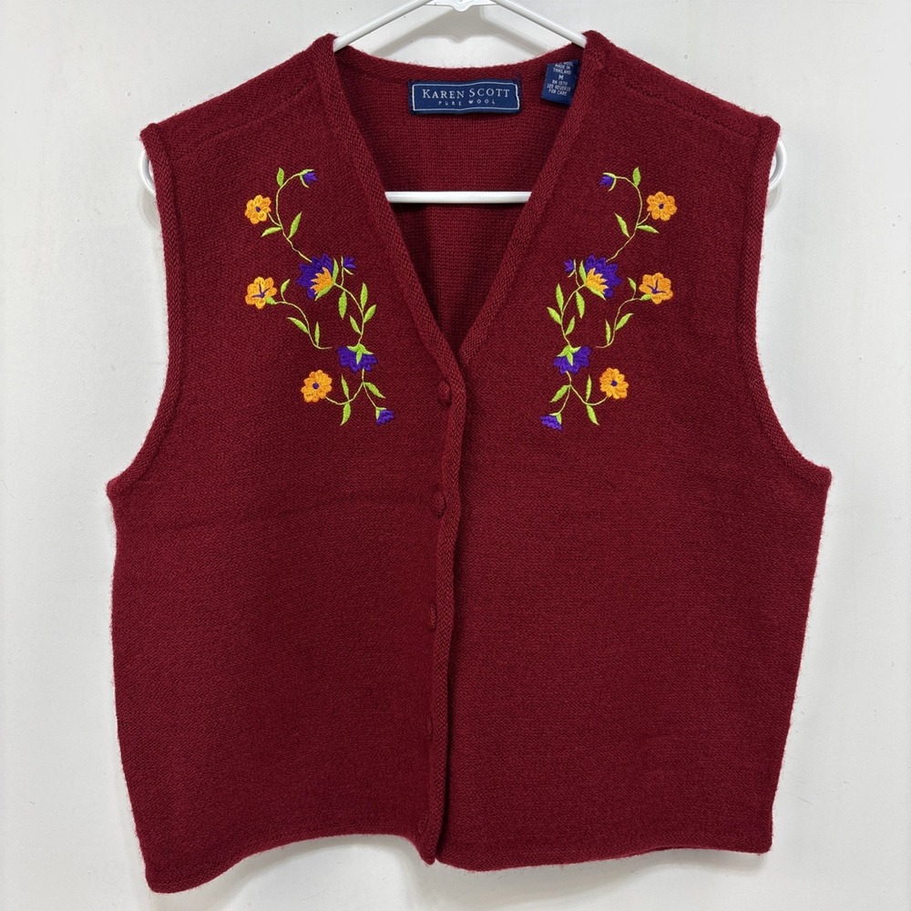 Boho 100% Wool Women's Vest Red Embroidered‎ Flowers Size M Karen Scott
